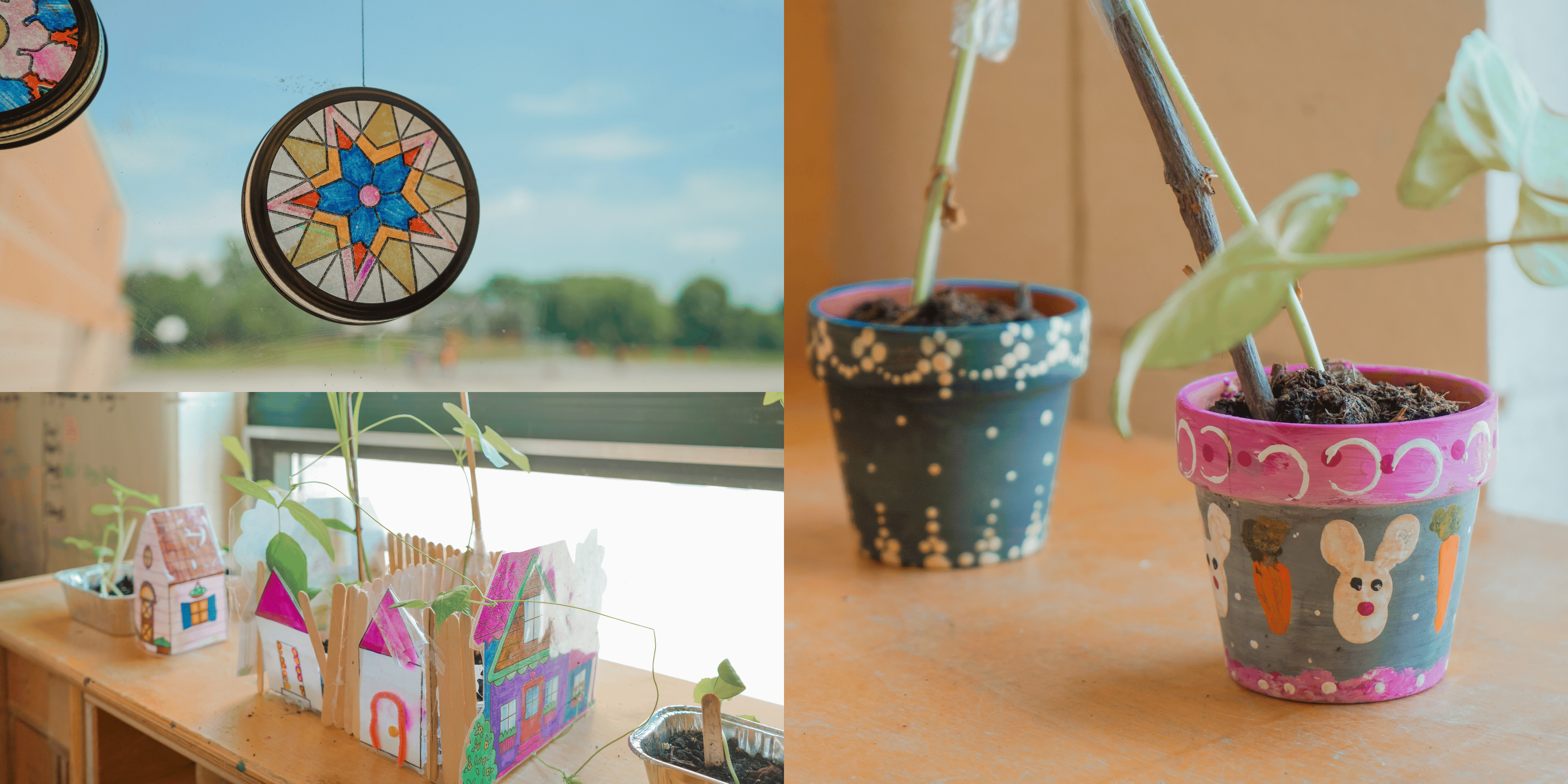 A collage graphic features potted plants and gardens painted by children, along with a suncatcher hanging in the window.