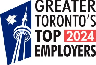 A logo with an illustration of the CN Tower and a maple leaf next to the words Greater Toronto’s Top 2024 Employers
