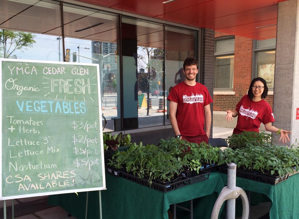 Two Cedar Glen staff members selling vegetables outside of Cooper Koo Family YMCA
