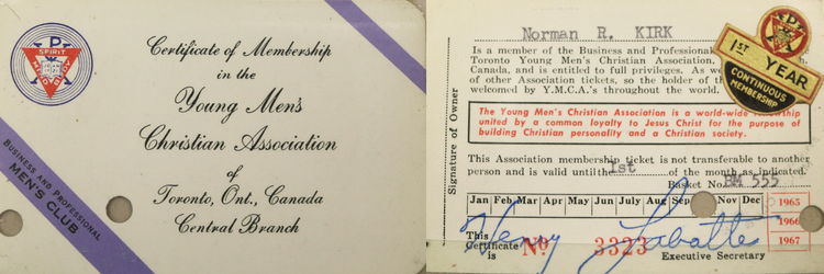 Front and back of Norm Kirk's first YMCA membership card