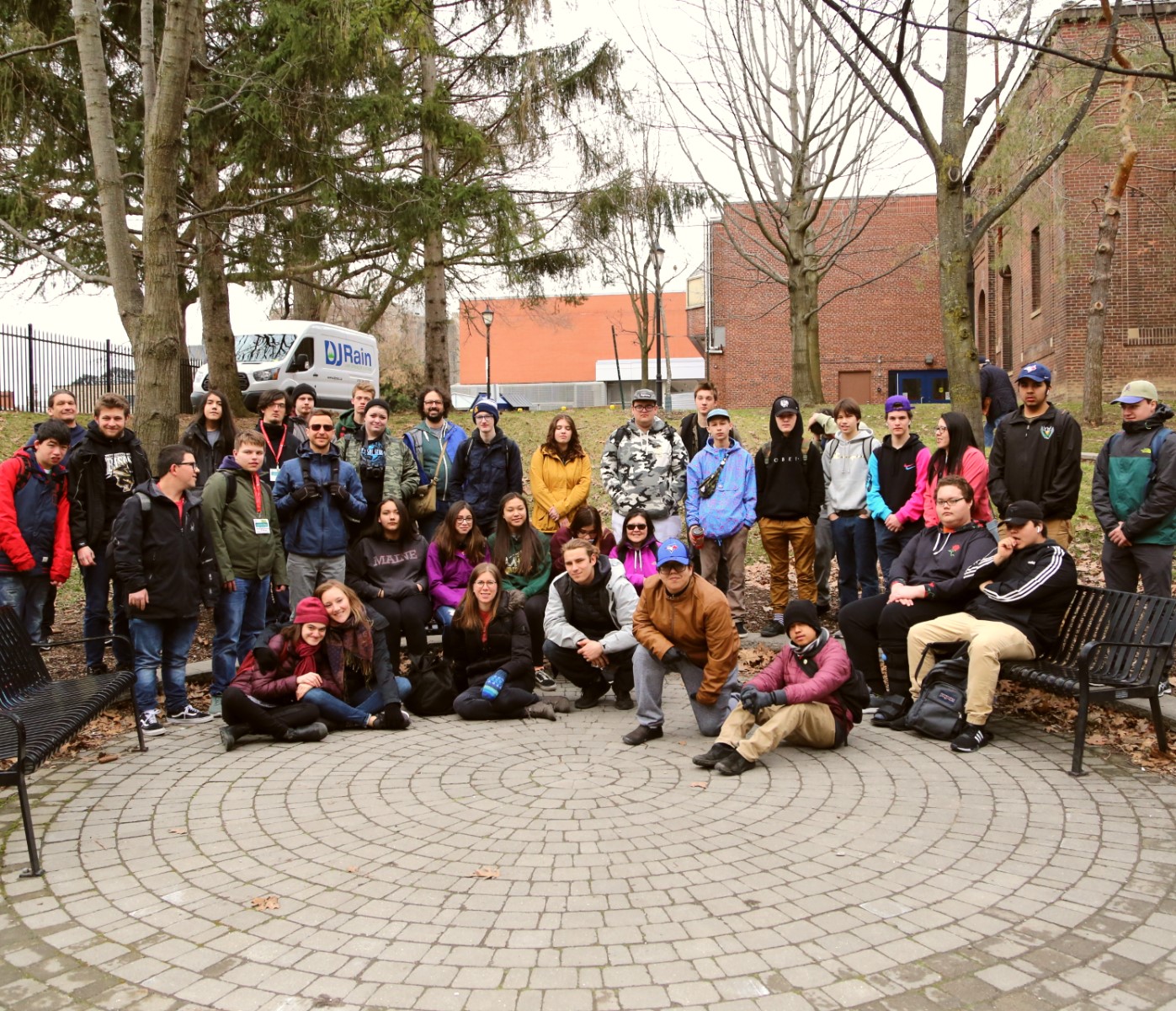 Wolastoq Education Initiative and YMCA Academy exchange group photo. April 16, 2019. Photo by Sarah Cowan.